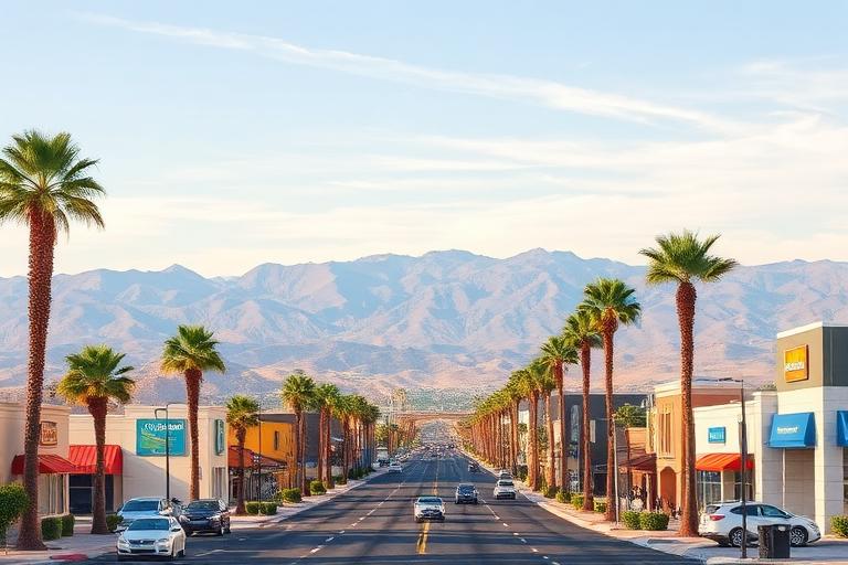 Date Palm Drive in Cathedral City with desert mountain backdrop