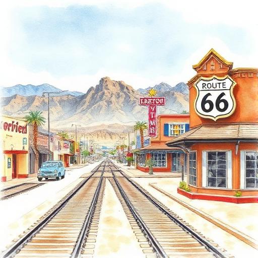 Downtown Barstow Route 66 historic district with desert mountains