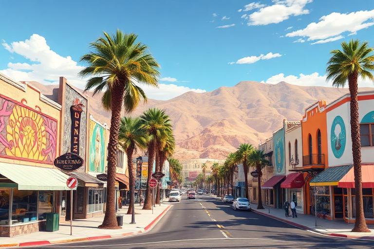 Downtown Indio with colorful murals and palm trees