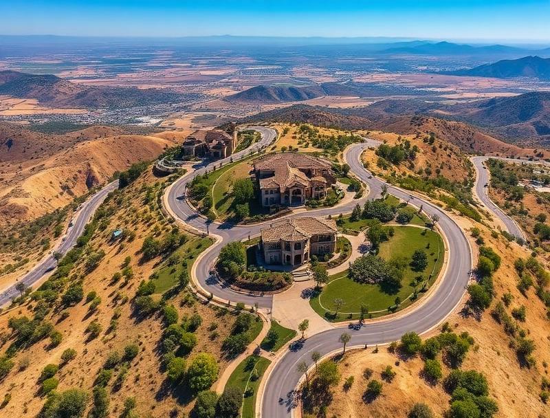 Luxury custom estates on winding hillside roads in the Hawarden Hills neighborhood of Riverside, California