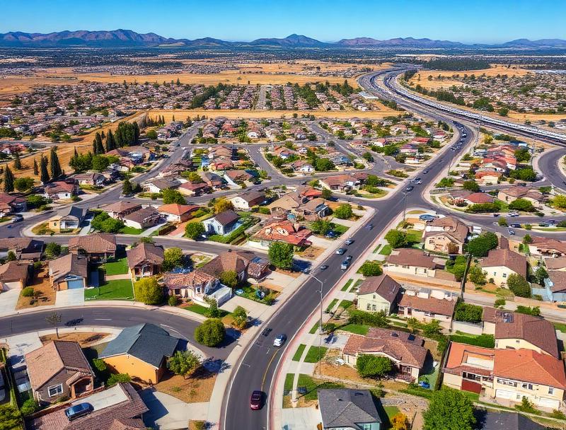 Suburban homes and tree-lined streets in the La Sierra South neighborhood of Riverside, California near the Metrolink station