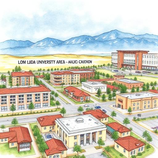 Loma Linda University campus area with medical center and residential streets