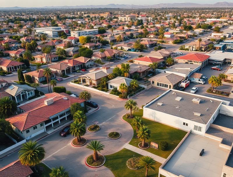 Mid-Century Modern homes and the Riverside Plaza shopping area in the Magnolia Center neighborhood of Riverside, California