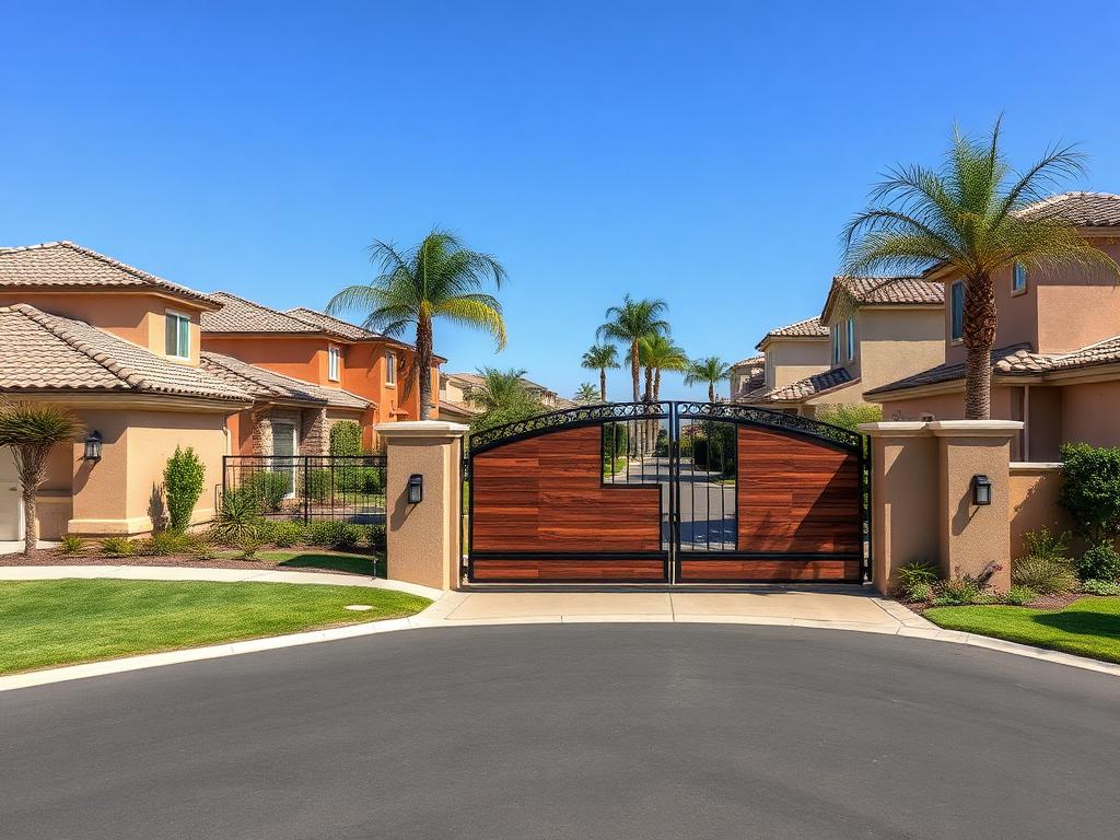 HOA-compliant composite wood and iron driveway gate in the Orangecrest neighborhood of Riverside, California