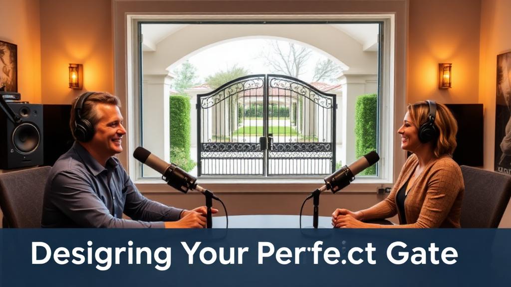 Podcast hosts discussing gate design with wrought iron gates visible