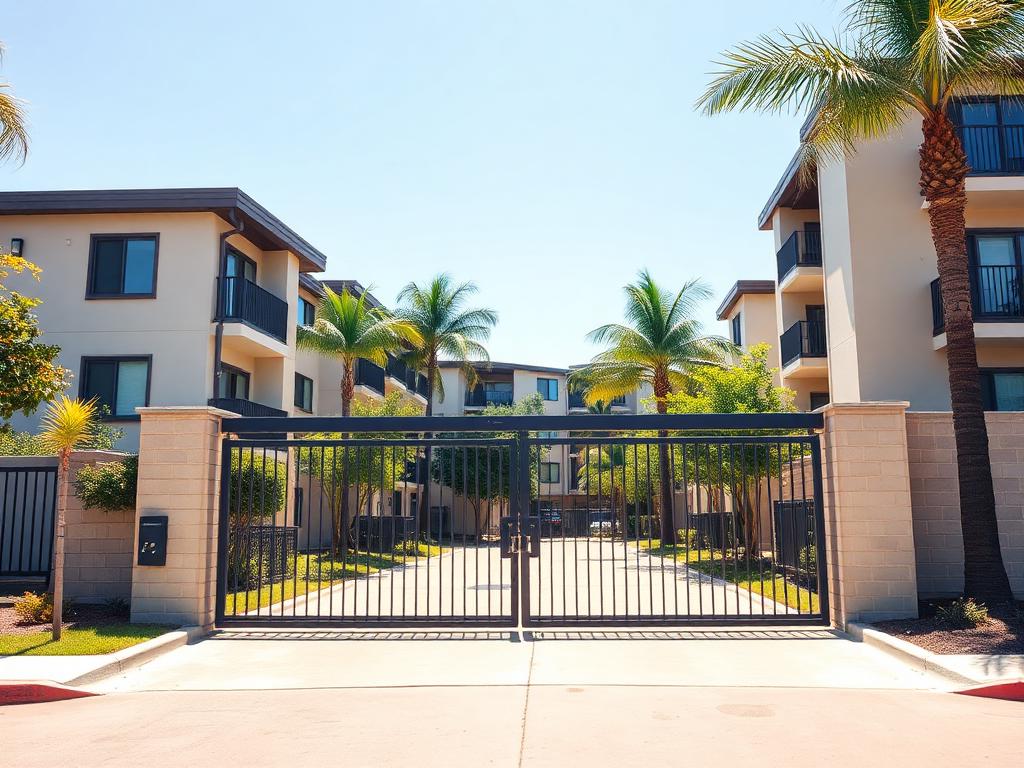 Smart access control gate at a student housing complex near UC Riverside in the University neighborhood