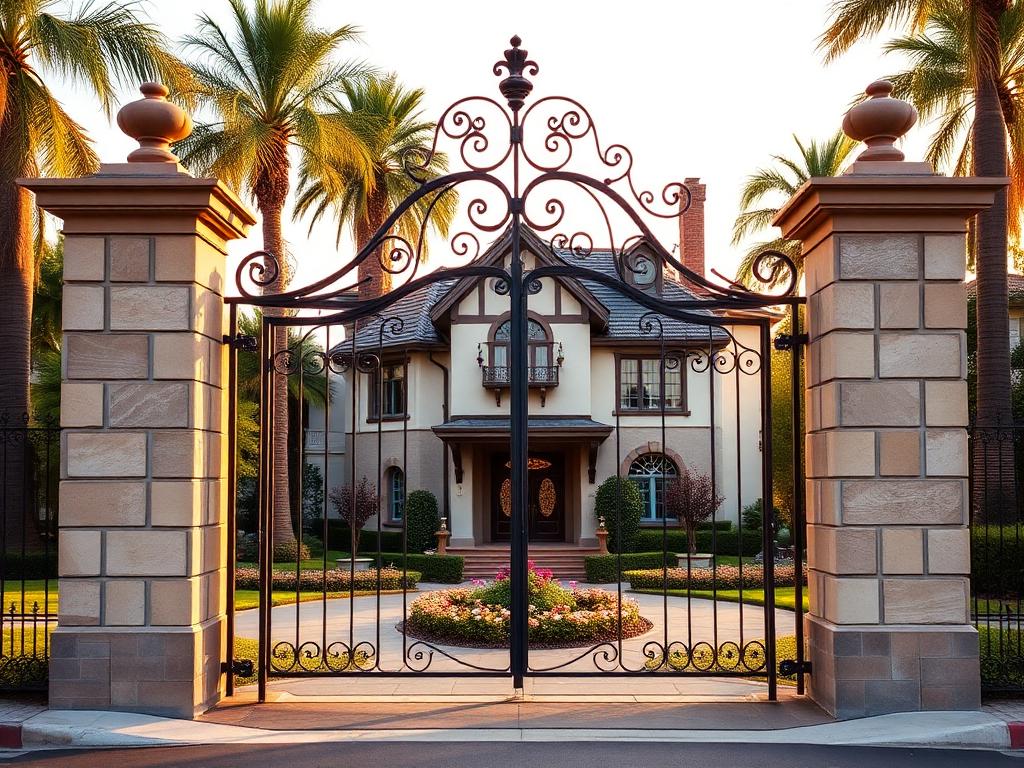 Historic wrought iron estate gate along Victoria Avenue in Riverside, California with rose-lined median
