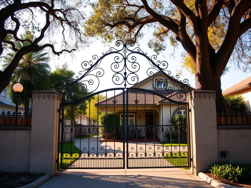 Custom wrought iron gate on a 1920s Craftsman bungalow in The Wood Streets neighborhood of Riverside, California