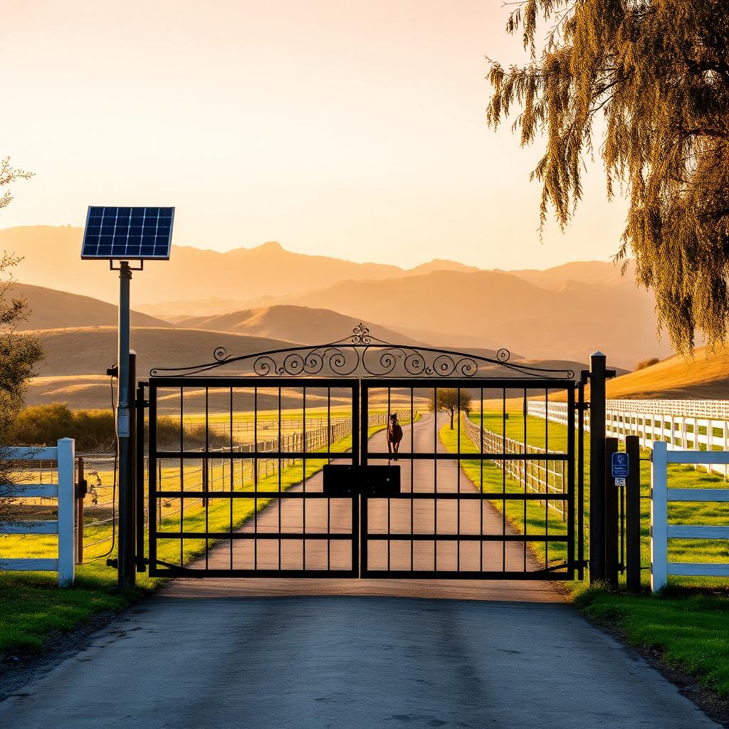 Solar-powered ranch gate on an equestrian property in Woodcrest, Riverside, California